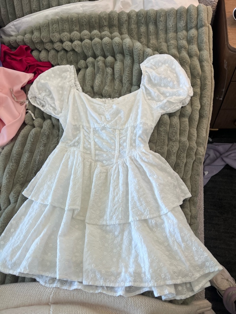 Main Strip White Eyelet Tiered Dress with Puff Sleeves